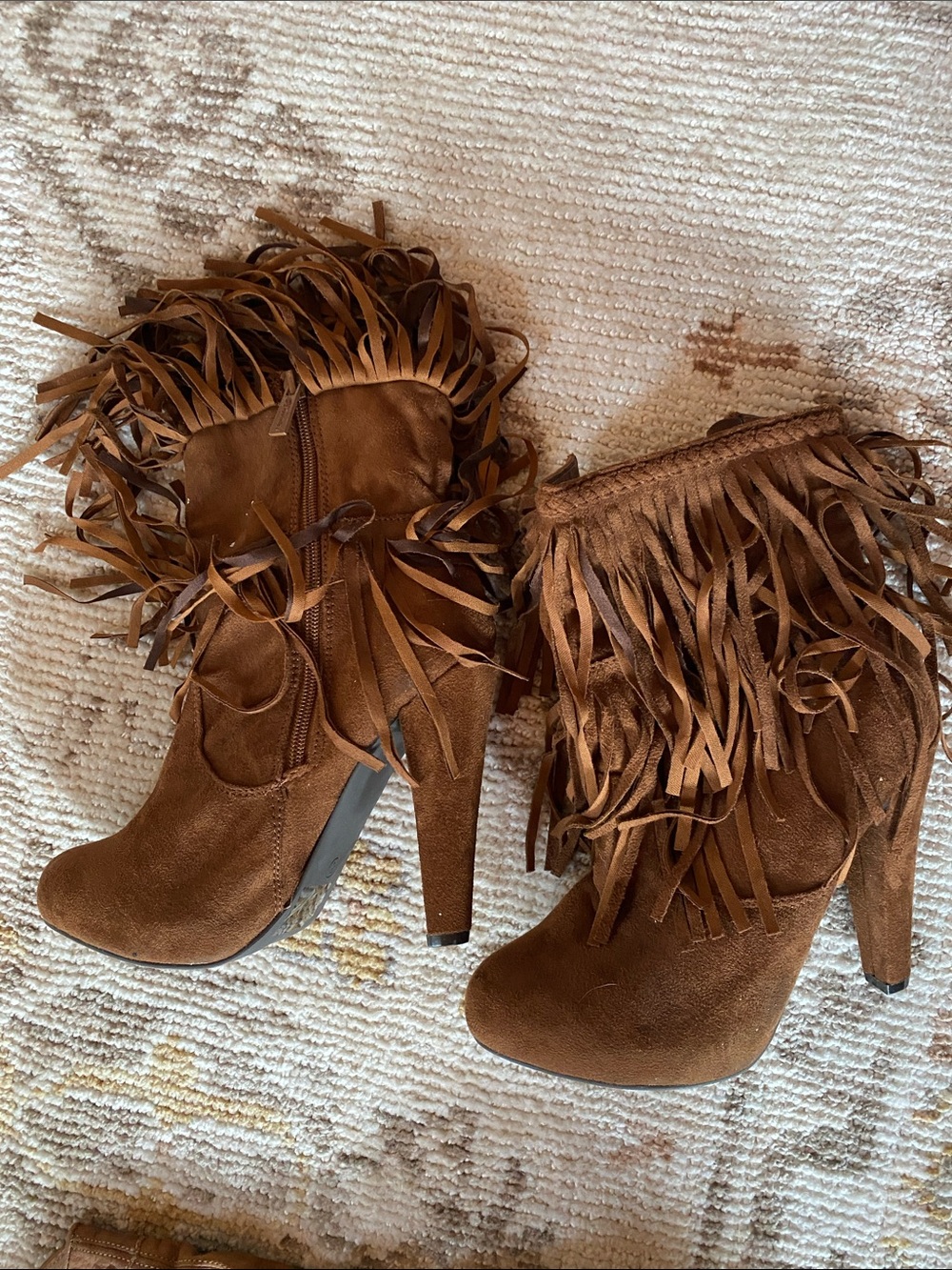 Fringe Suede High Heel Ankle Boots - Brown
